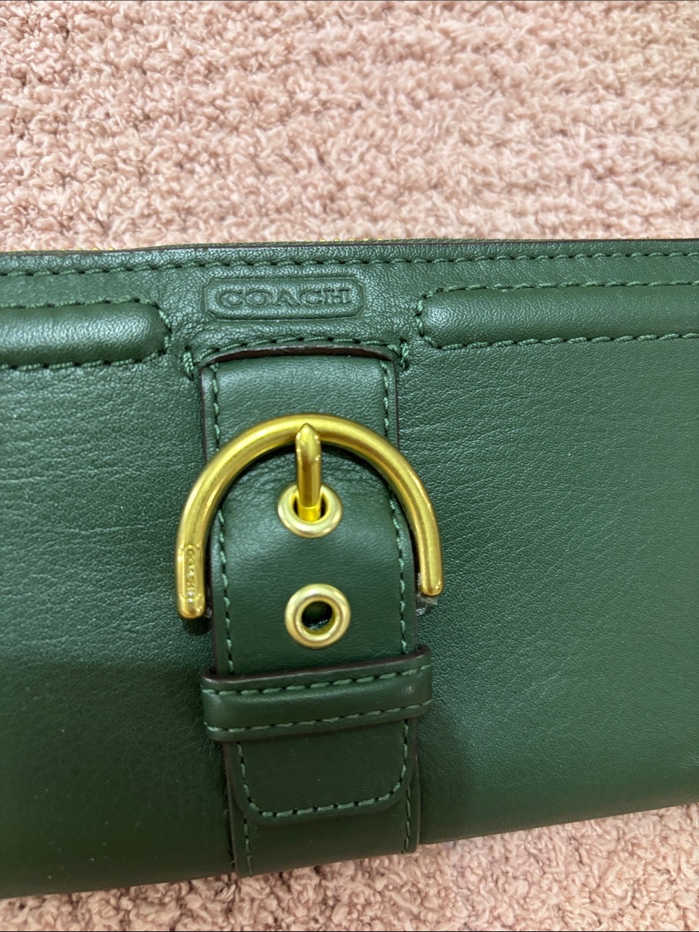 Coach Forest Green Leather Zip-Around Wallet with Gold Buckle - Picture 2 of 5